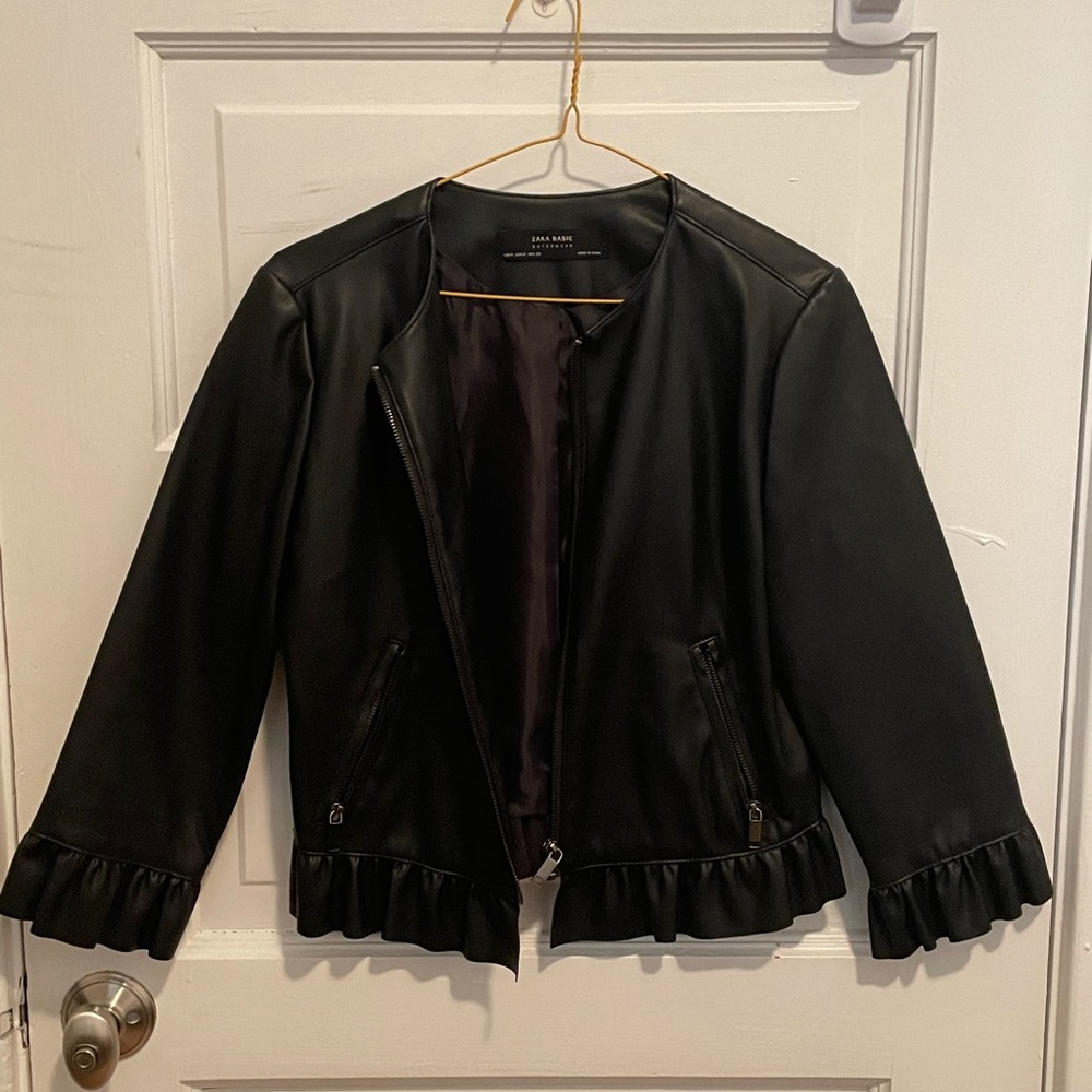 Zara Cropped Ruffle Trim Leather Jacket
